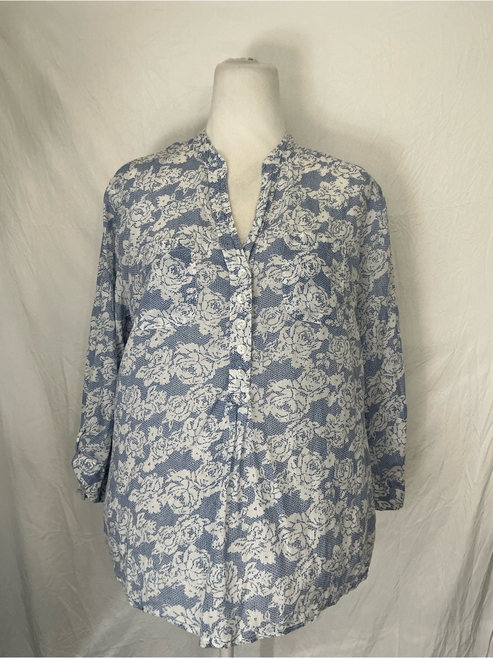 Hannah Blue and White Floral Button-Front Blouse
